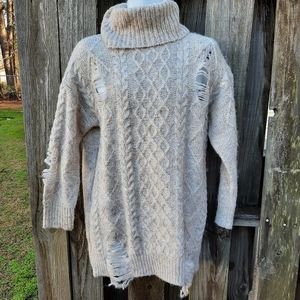 FOREVER 21 Cable Knit Turtleneck Sweater Dress Distressed M, Oatmeal New